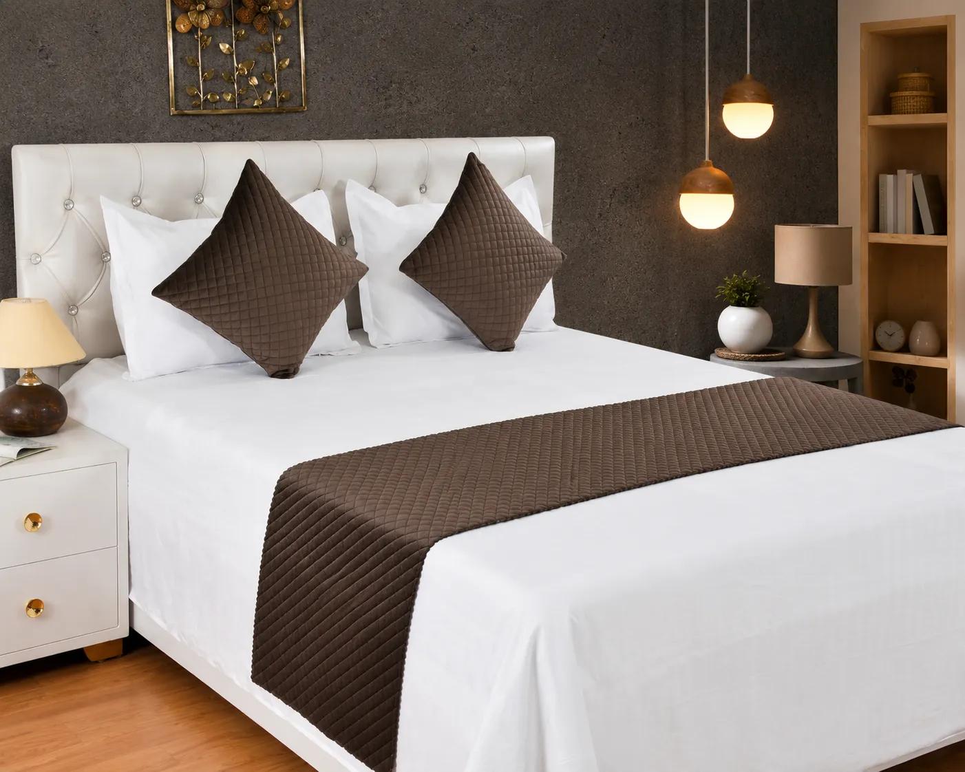 KIB 200 TC Brown Velvet Usey Quilting Bedsheet Runner Set with 2 Cushion Covers